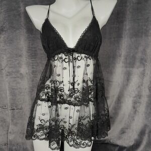Vintage Y2K Black Lace Babydoll Mini Dress Fairy Grunge Whimsigoth Top XS/S